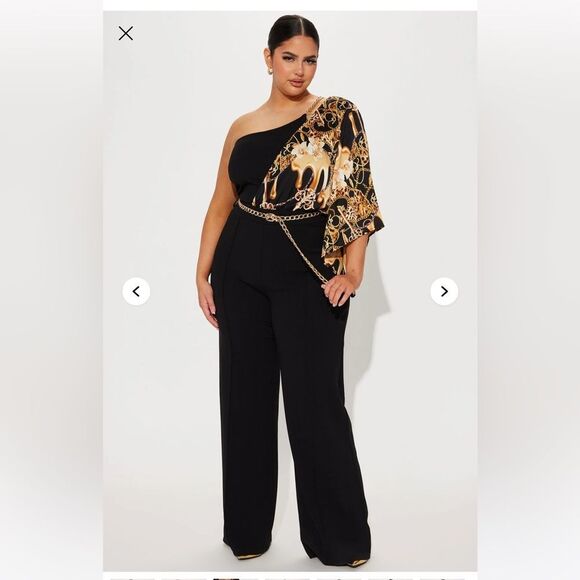 NWT - Fashion Nova Vivian One-Shoulder Jumpsuit - Black/combo - Size 2 - Picture 6 of 8